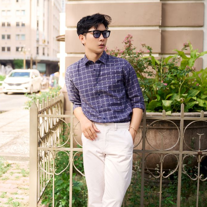 Áo Sơ Mi Nam Dài Tay NINOMAXX Xanh Caro Chất Melange Cotton Chống Nhăn Tôn Dáng Lịch Lãm 2110030