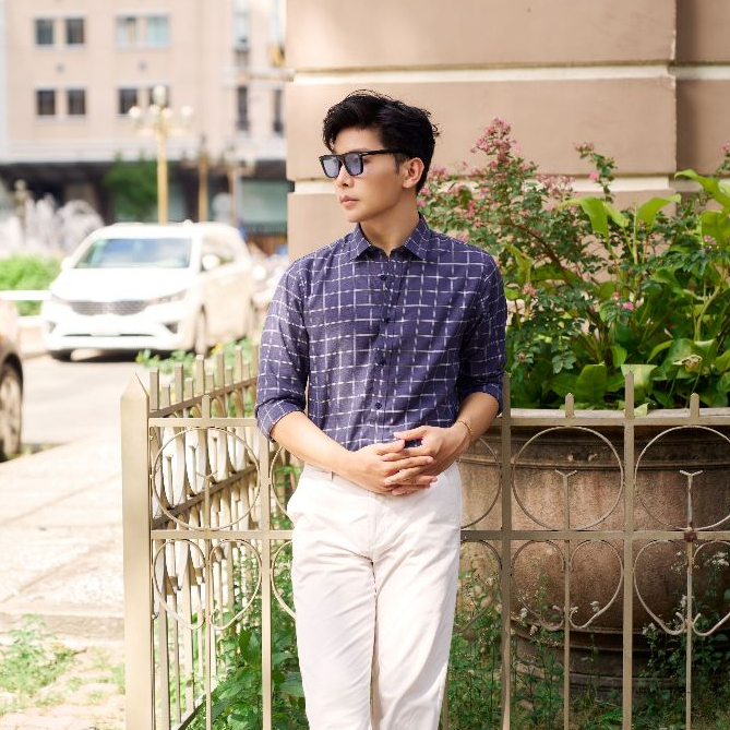 Áo Sơ Mi Nam Dài Tay NINOMAXX Xanh Caro Chất Melange Cotton Chống Nhăn Tôn Dáng Lịch Lãm 2110030
