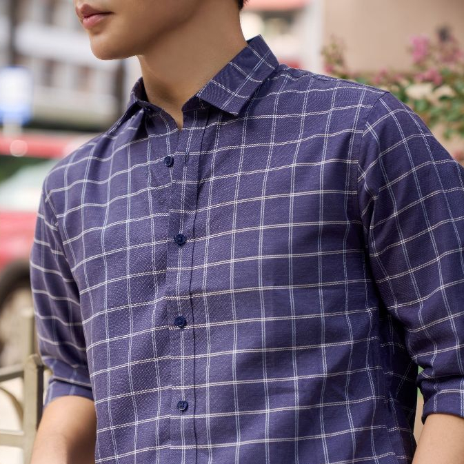 Áo Sơ Mi Nam Dài Tay NINOMAXX Xanh Caro Chất Melange Cotton Chống Nhăn Tôn Dáng Lịch Lãm 2110030