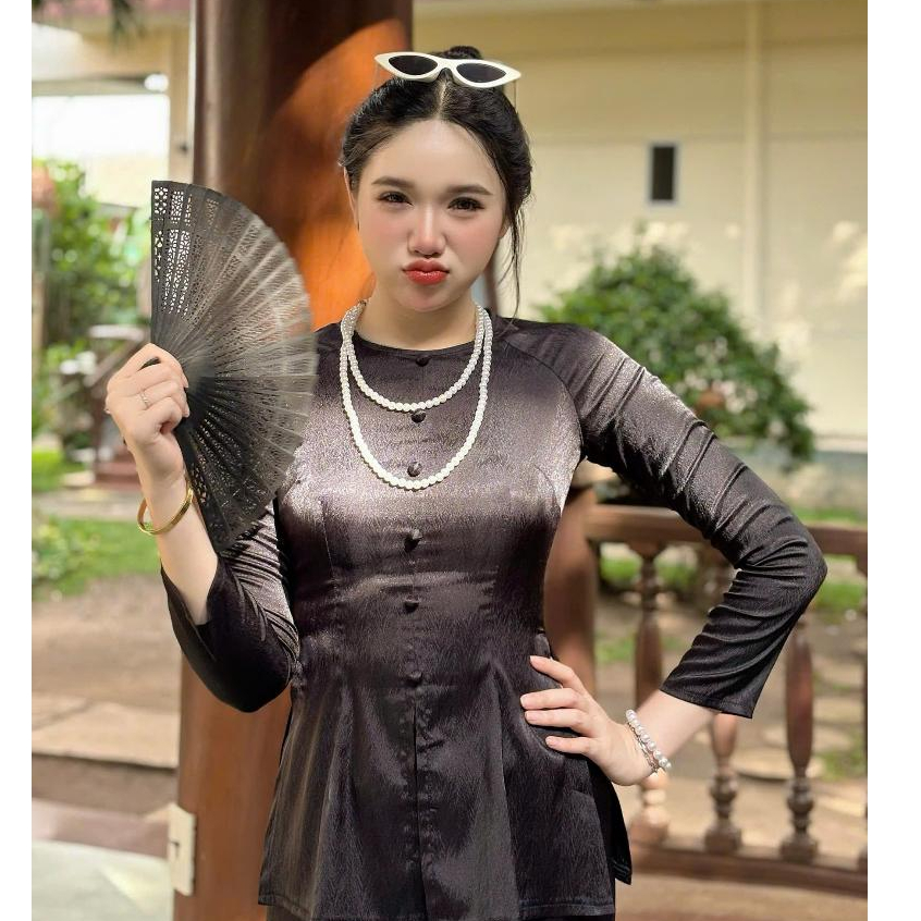 B.A143 - Bộ Áo Bà Ba Gấm Vân Xước ( QUẦN GẤM XƯỚC ) Cổ Tròn Nút Bọc Dây Kéo