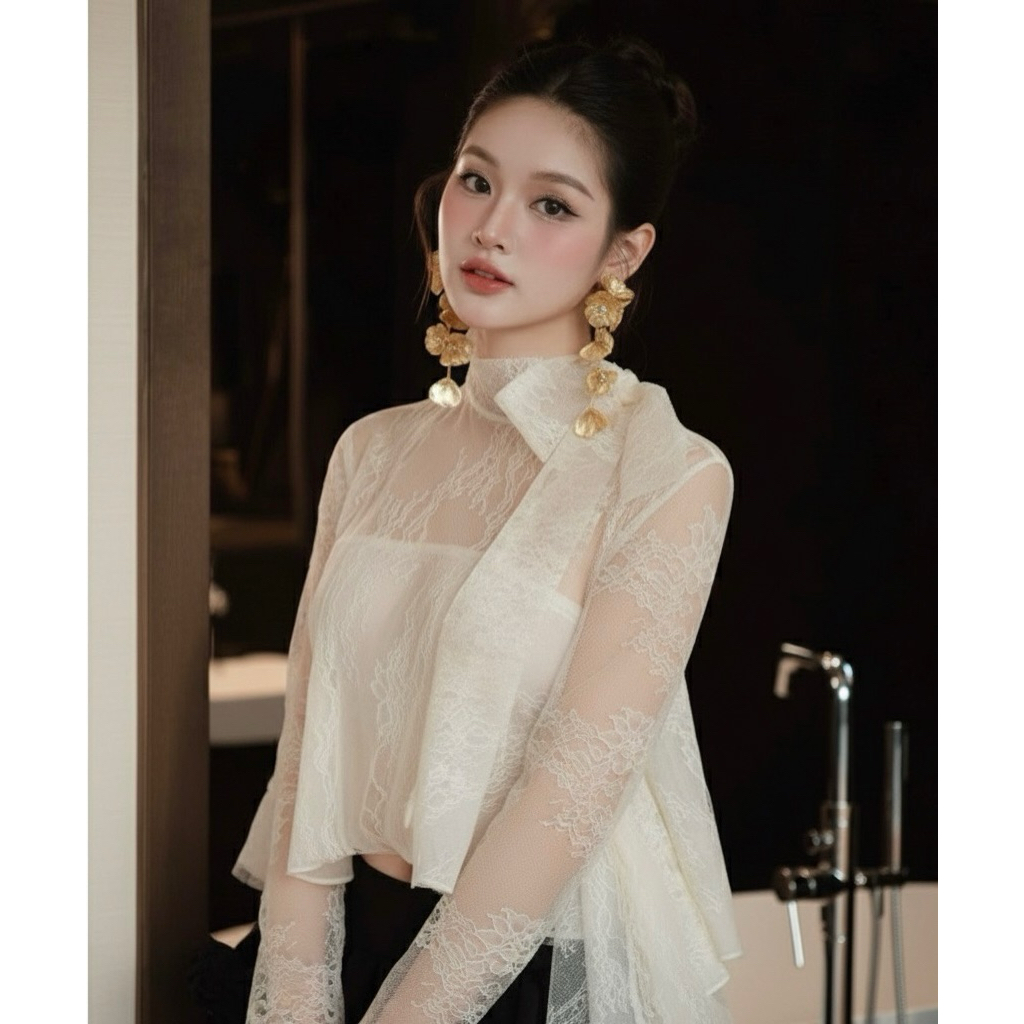 Bông Tai Metalic Không Gỉ Kim Vàng Hoa Pháp LINGEM Bông Tai Nữ Đi Tiệc Sang Chảnh