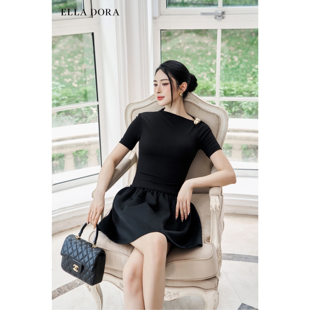 Đầm cổ lệch  ELLA DORA thiét kế đính tag đồng dáng sang trọng thanh lịch tinh tế  [D238]
