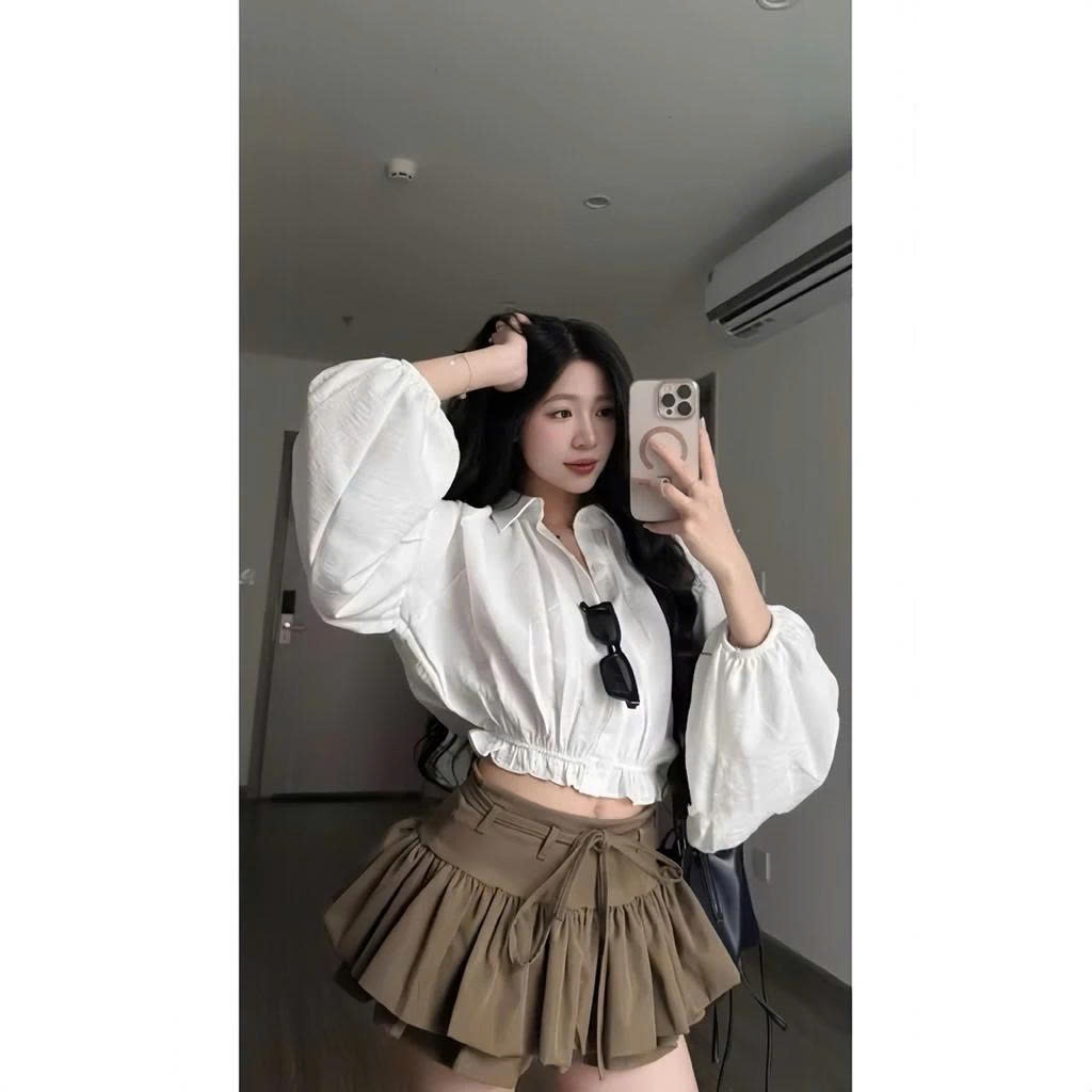 Set Áo Sơ Mi Dáng Croptop Tay Bồng Chun Dưới Kèm Chân Váy Dáng Xoè Tầng Mix Dây Đai Siêu Xinh MS111