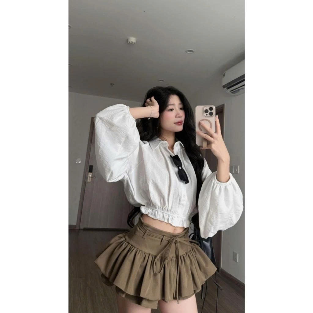 Set Áo Sơ Mi Dáng Croptop Tay Bồng Chun Dưới Kèm Chân Váy Dáng Xoè Tầng Mix Dây Đai Siêu Xinh MS111