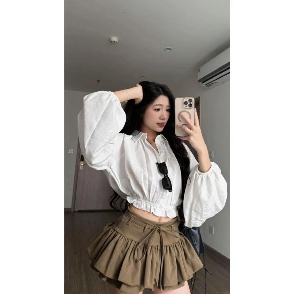 Set Áo Sơ Mi Dáng Croptop Tay Bồng Chun Dưới Kèm Chân Váy Dáng Xoè Tầng Mix Dây Đai Siêu Xinh MS111