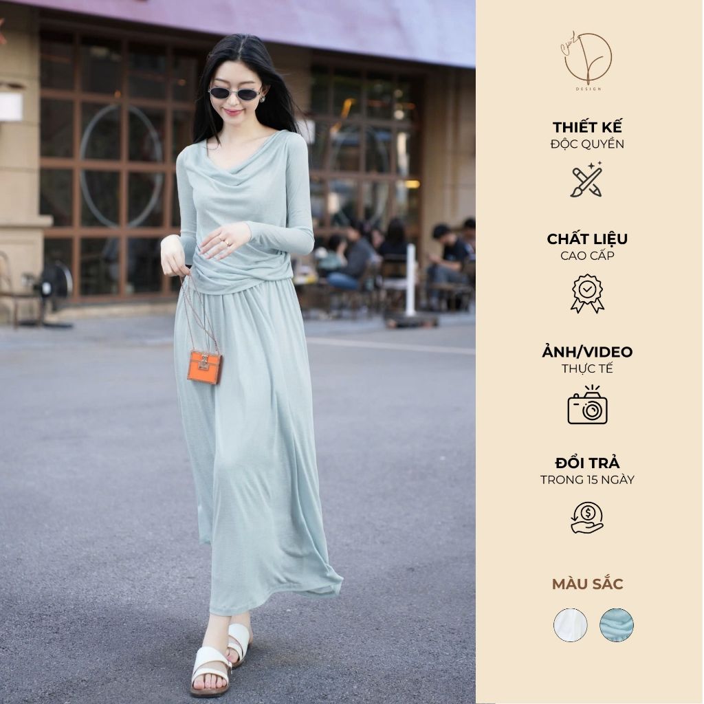 Set váy nữ dáng dài chân váy suông áo dài tay cổ đổ cotton Hàn cao cấp ...