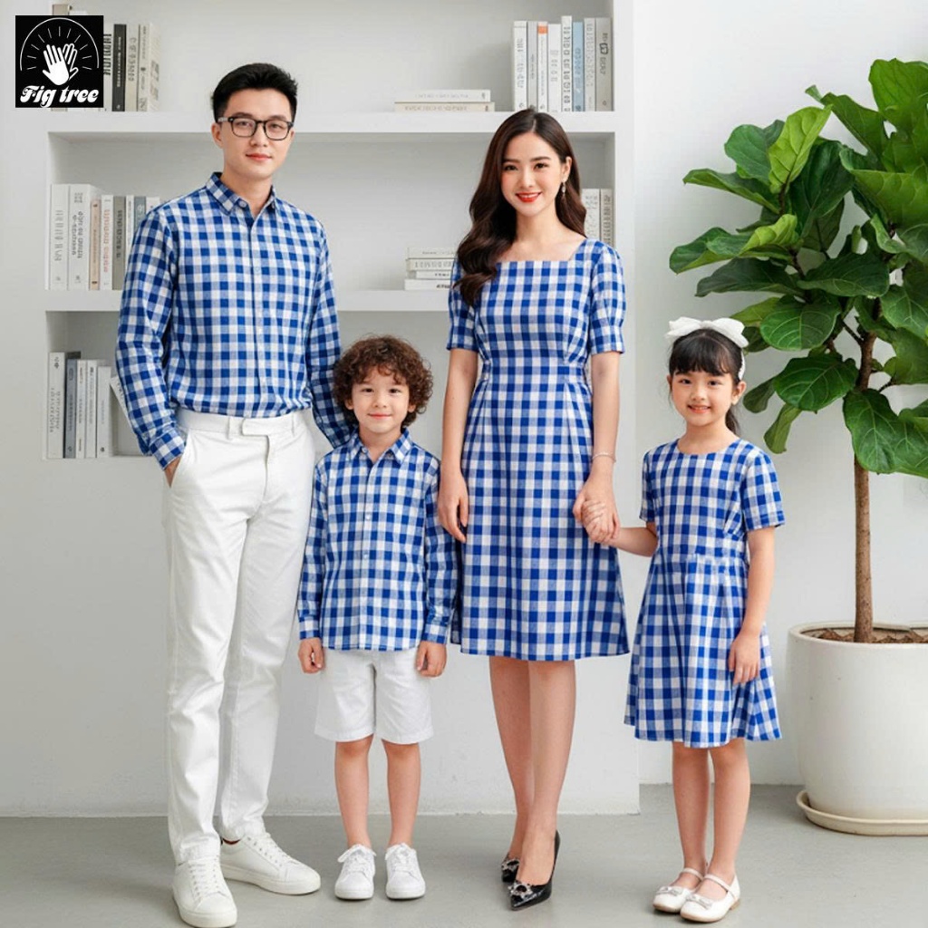 Set Đồ Gia Đình Fig Tree Sọc Caro Xanh Bích Tươi Sáng, Chất Kate, Nhiều size ( MS :133B)