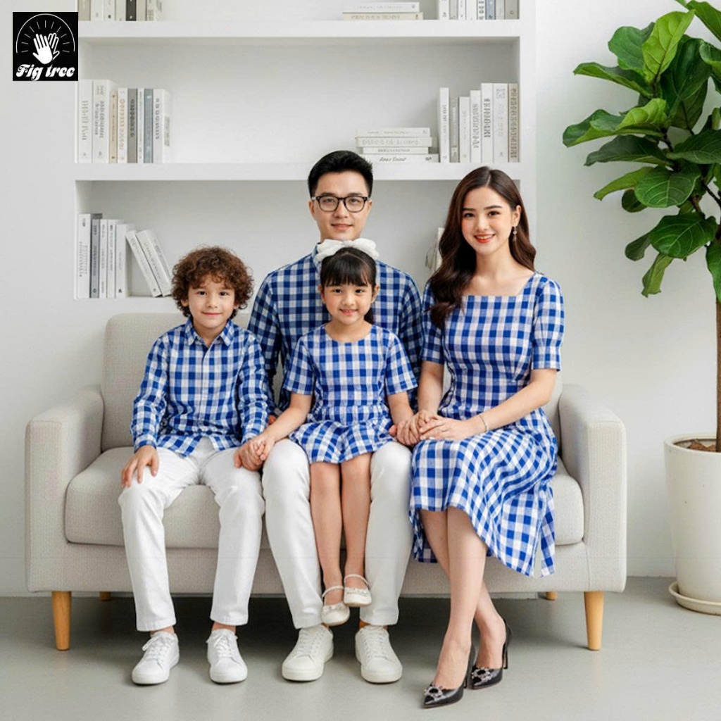 Set Đồ Gia Đình Fig Tree Sọc Caro Xanh Bích Tươi Sáng, Chất Kate, Nhiều size ( MS :133B)