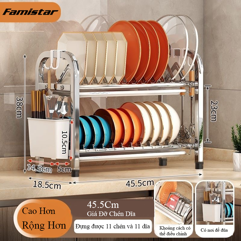 Kệ Đựng Chén Đĩa Inox 304 Chống Gỉ 2 Tầng Famistar , Kệ Nhà Bếp Tiết Kiệm Diện Tích, Dễ Vệ Sinh