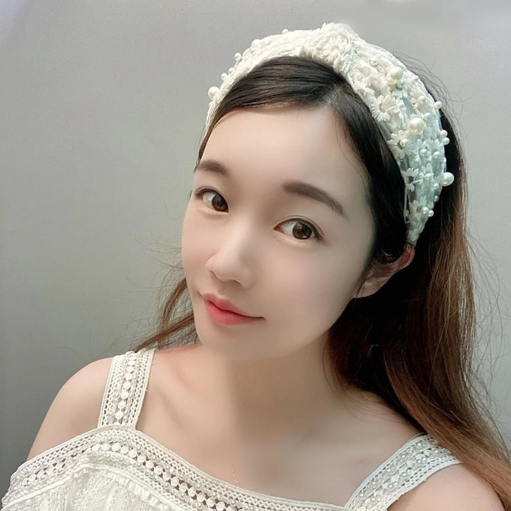 Bờm Tóc, Băng Đô Cài Tóc Thắt Nơ Ren Hoa Trắng Đính Hạt Ngọc Xinh Xắn Sang Trọng Phụ Kiện Tóc Empoli