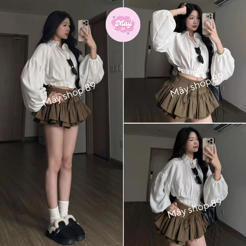 Set Áo Sơ Mi Dáng Croptop Tay Bồng Chun Dưới Kèm Chân Váy Dáng Xoè Tầng Mix Dây Đai Siêu Xinh MS111