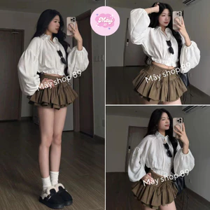 Set Áo Sơ Mi Dáng Croptop Tay Bồng Chun Dưới Kèm Chân Váy Dáng Xoè Tầng Mix Dây Đai Siêu Xinh MS111