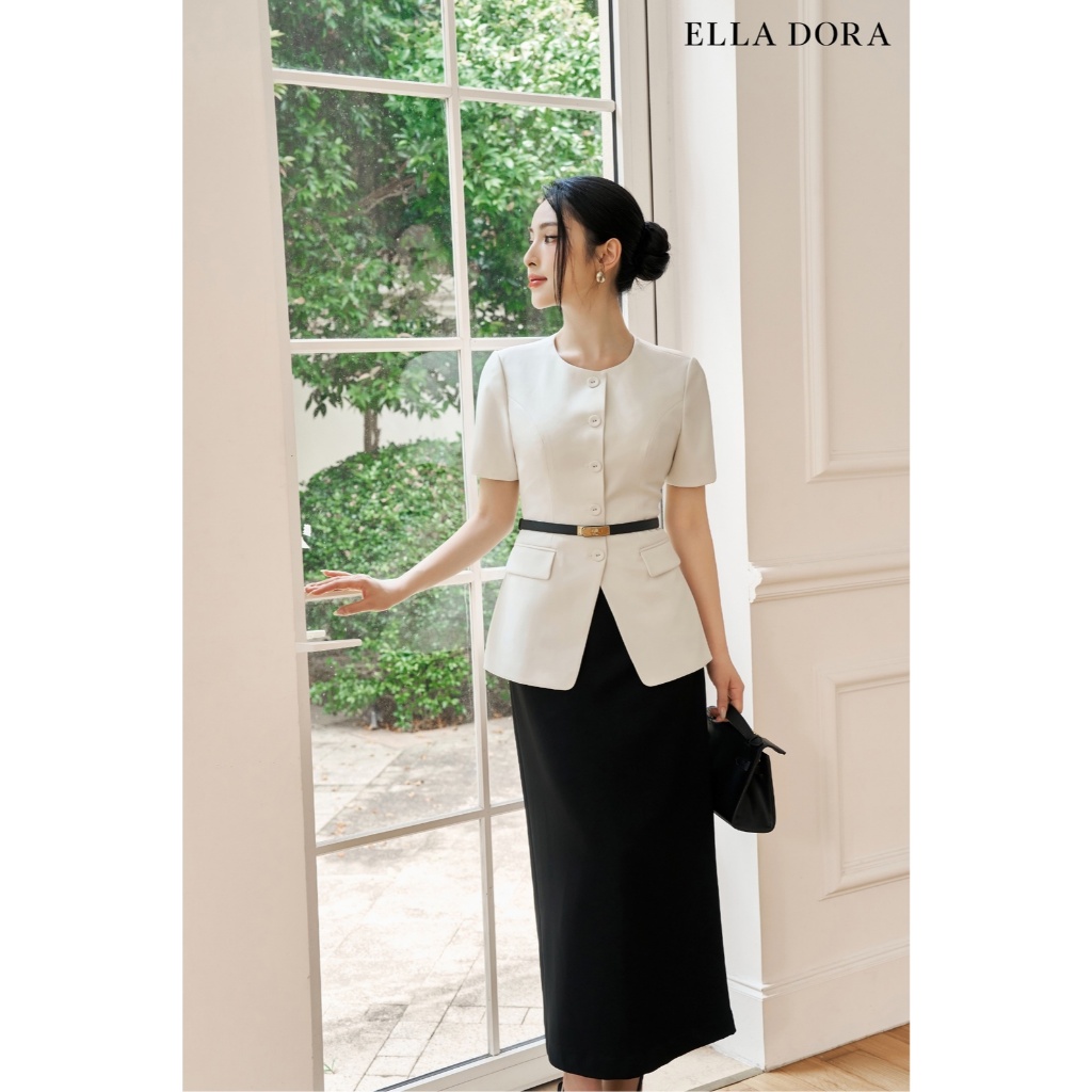 Áo kiểu thiết kế ELLA DORA dáng sang trọng thanh lịch cổ tròn 1 cúc đồng đen [AK52]