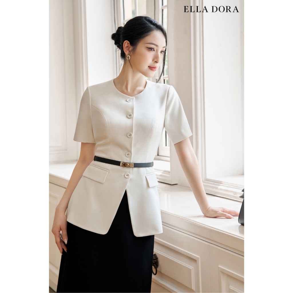 Áo kiểu thiết kế ELLA DORA dáng sang trọng thanh lịch cổ tròn 1 cúc đồng đen [AK52]