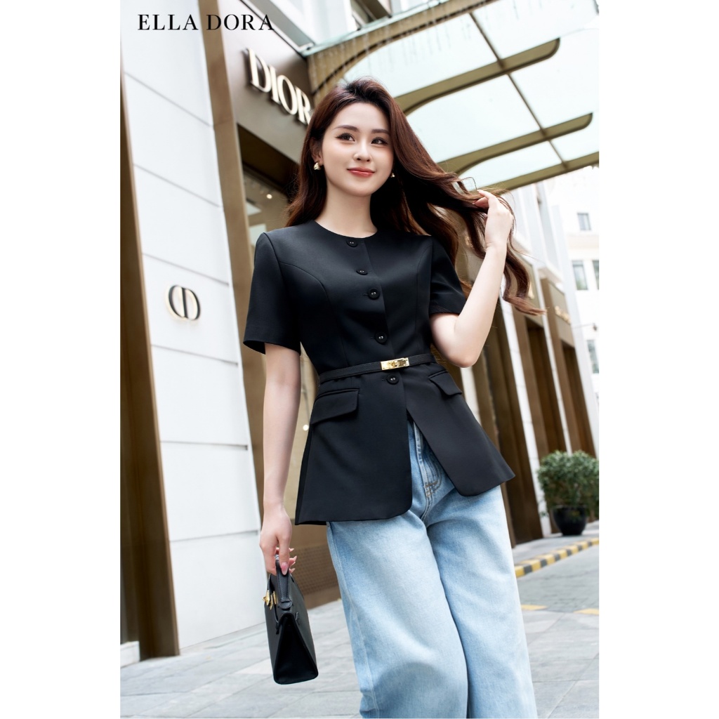 Áo kiểu thiết kế ELLA DORA dáng sang trọng thanh lịch cổ tròn 1 cúc đồng đen [AK52]