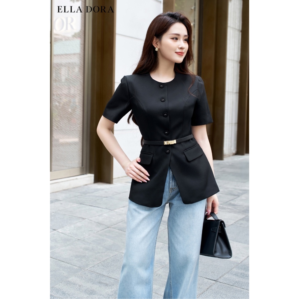 Áo kiểu thiết kế ELLA DORA dáng sang trọng thanh lịch cổ tròn 1 cúc đồng đen [AK52]