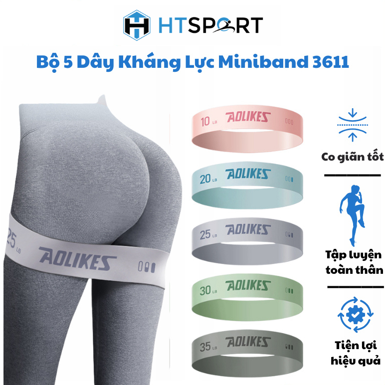 Dây Kháng Lực Aolikes 3611, Bộ 5 Miniband Cao Su Đàn Hồi kèm Túi Tập Gym Yoga Mông Đùi Chân Tay