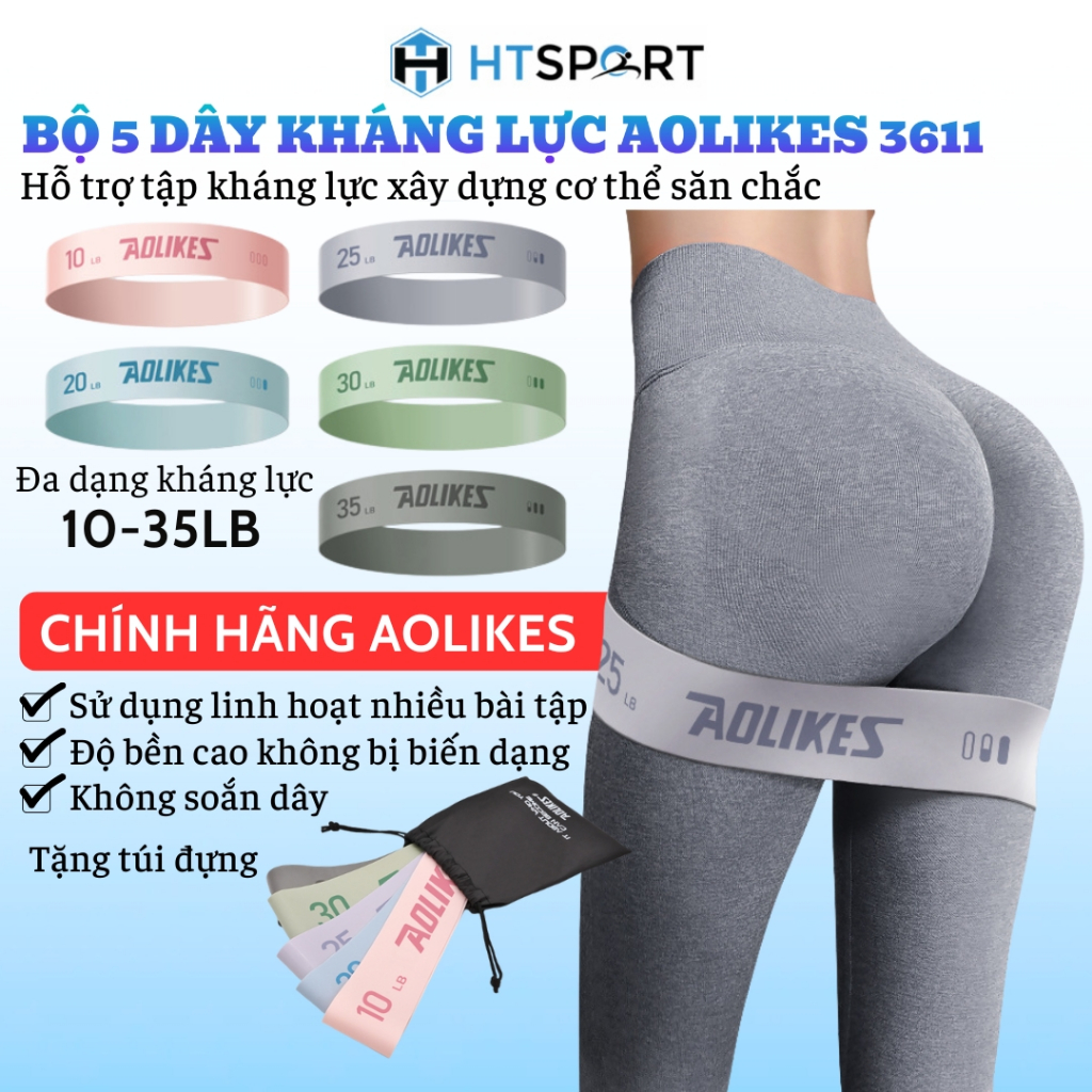 Dây Kháng Lực Aolikes 3611, Bộ 5 Miniband Cao Su Đàn Hồi kèm Túi Tập Gym Yoga Mông Đùi Chân Tay