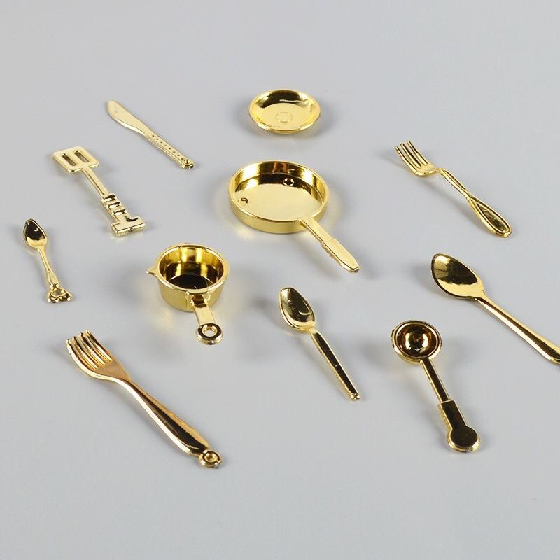 Bộ 11 món dụng cụ bếp mini đồ chơi mô hình trang trí DIY Nhà búp bê, Nồi Chảo Nĩa Muỗng mini decor doll Hiếu
