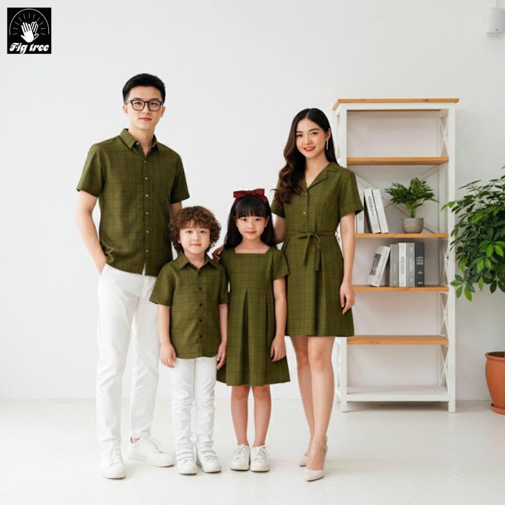 Đồng Phục Gia Đình Fig Tree Nam Áo - Nữ Váy Caro Xanh Rêu Siêu Dễ Thương, Chất cotton, ( MS :164B)