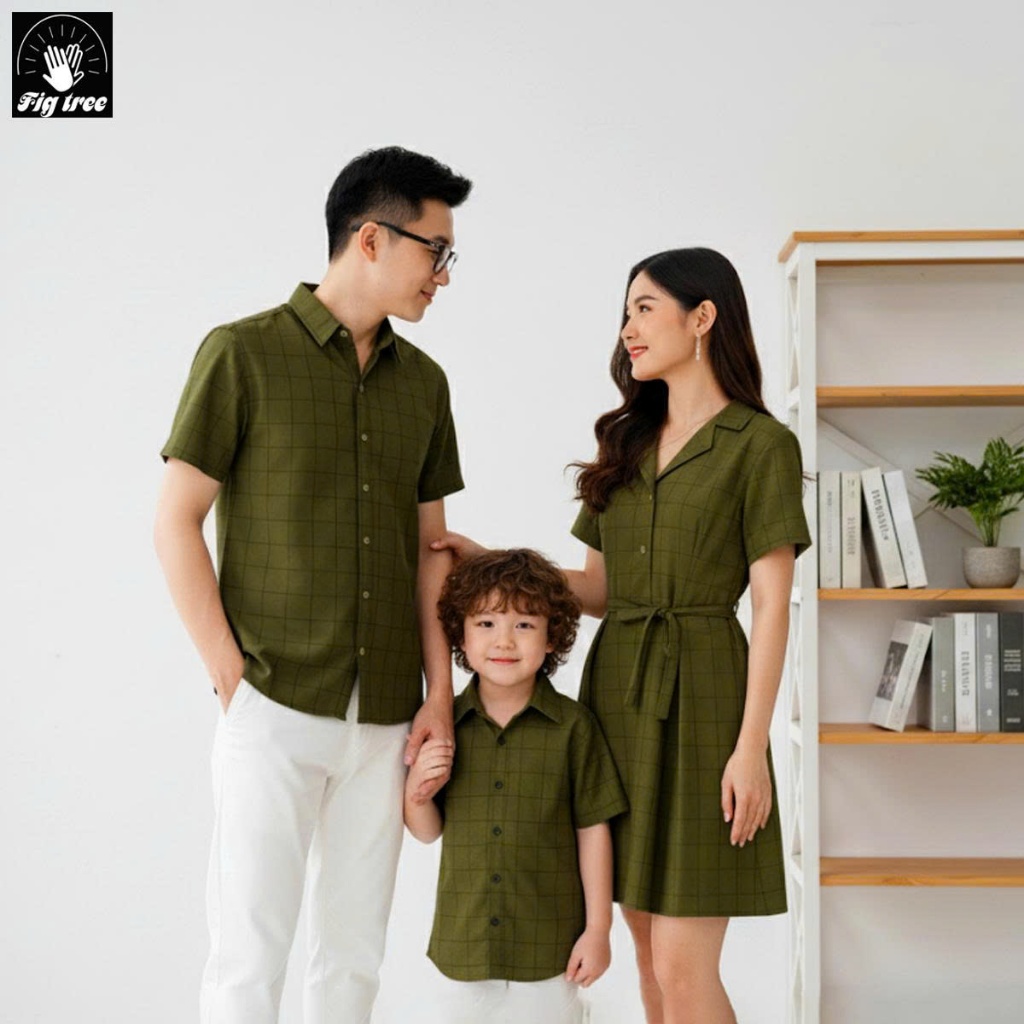 Đồng Phục Gia Đình Fig Tree Nam Áo - Nữ Váy Caro Xanh Rêu Siêu Dễ Thương, Chất cotton, ( MS :164B)