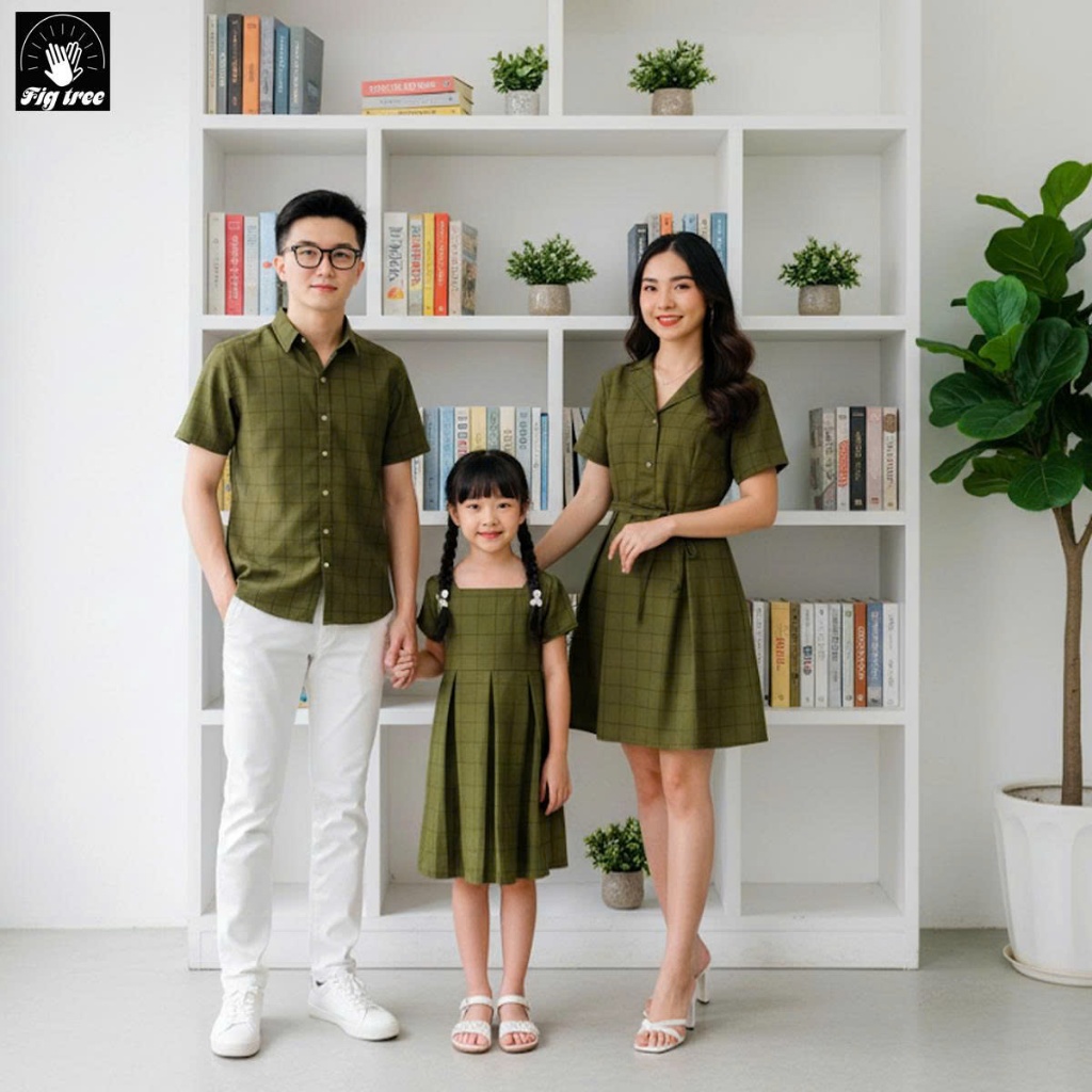 Đồng Phục Gia Đình Fig Tree Nam Áo - Nữ Váy Caro Xanh Rêu Siêu Dễ Thương, Chất cotton, ( MS :164B)