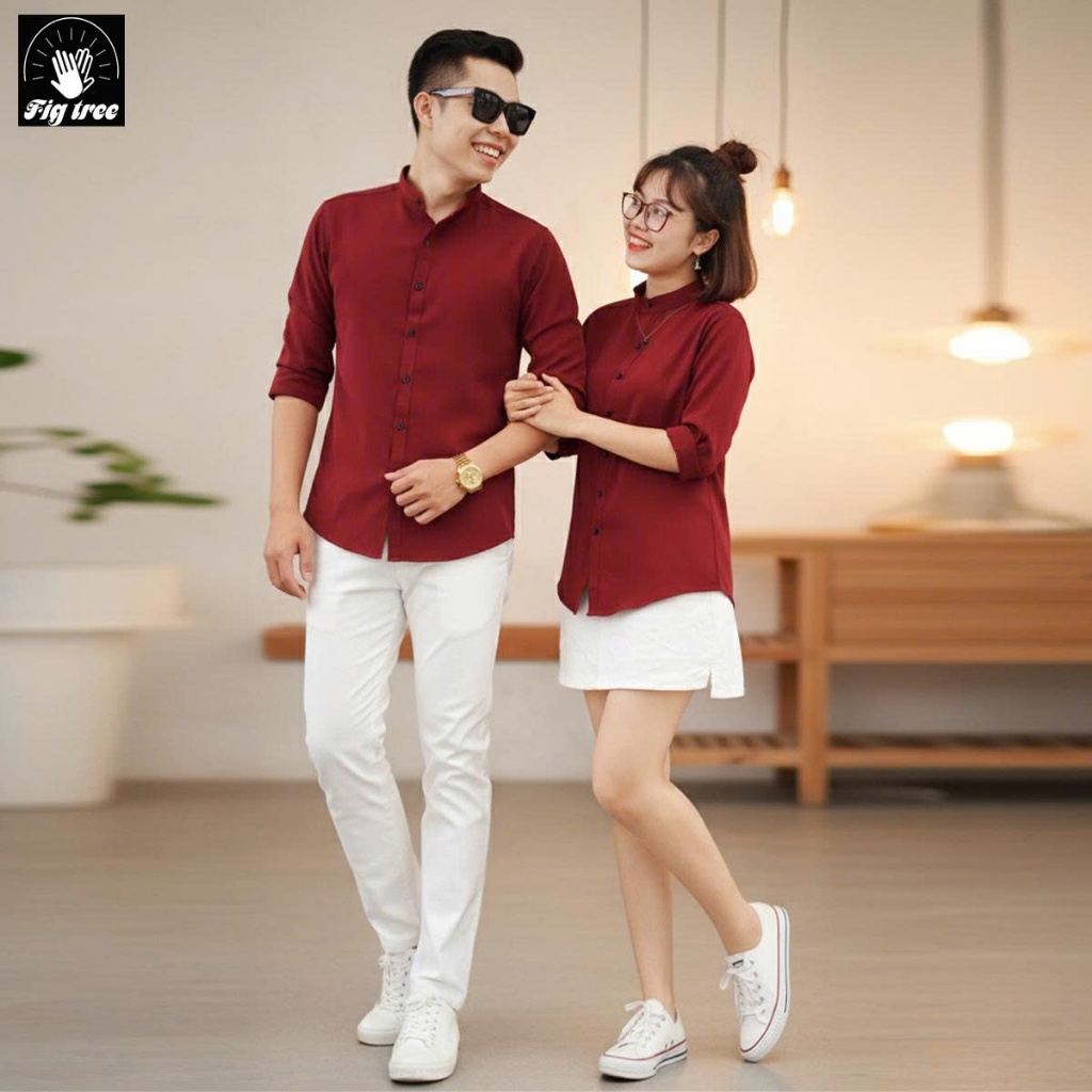 Áo Sơ Mi Cặp, Sơ Mi Cổ Trụ Nam Nũw Fig Tree Màu Đỏ Đô Cổ Trụ Model ( hàng thiết kế, bigsize 110kg)