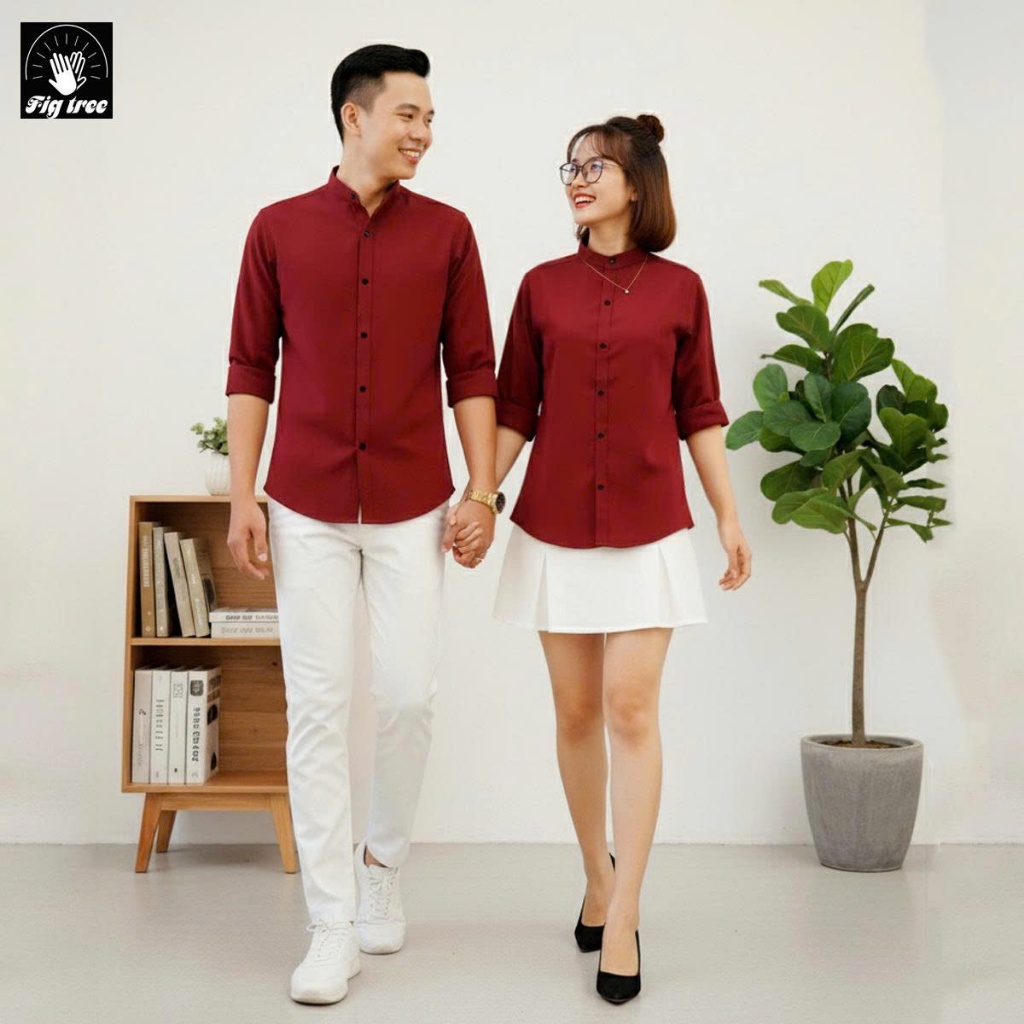 Áo Sơ Mi Cặp, Sơ Mi Cổ Trụ Nam Nũw Fig Tree Màu Đỏ Đô Cổ Trụ Model ( hàng thiết kế, bigsize 110kg)