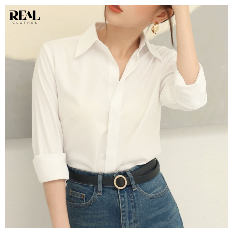 Sơ mi trắng công sở dáng ôm cơ bản Office REAL CLOTHES, cực kỳ thoáng mát, có nút dự phòng