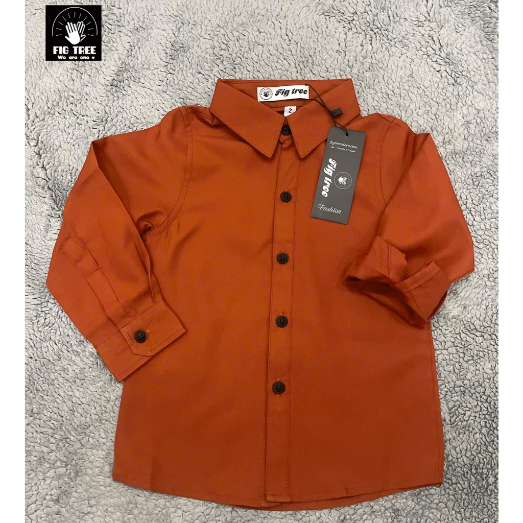 Áo Sơ Mi Bé Trai, Váy Bé Gái Fig Tree màu Cam Gạch Tươi Sáng, Vải Cotton Mềm Mịn, Size 7-40kg