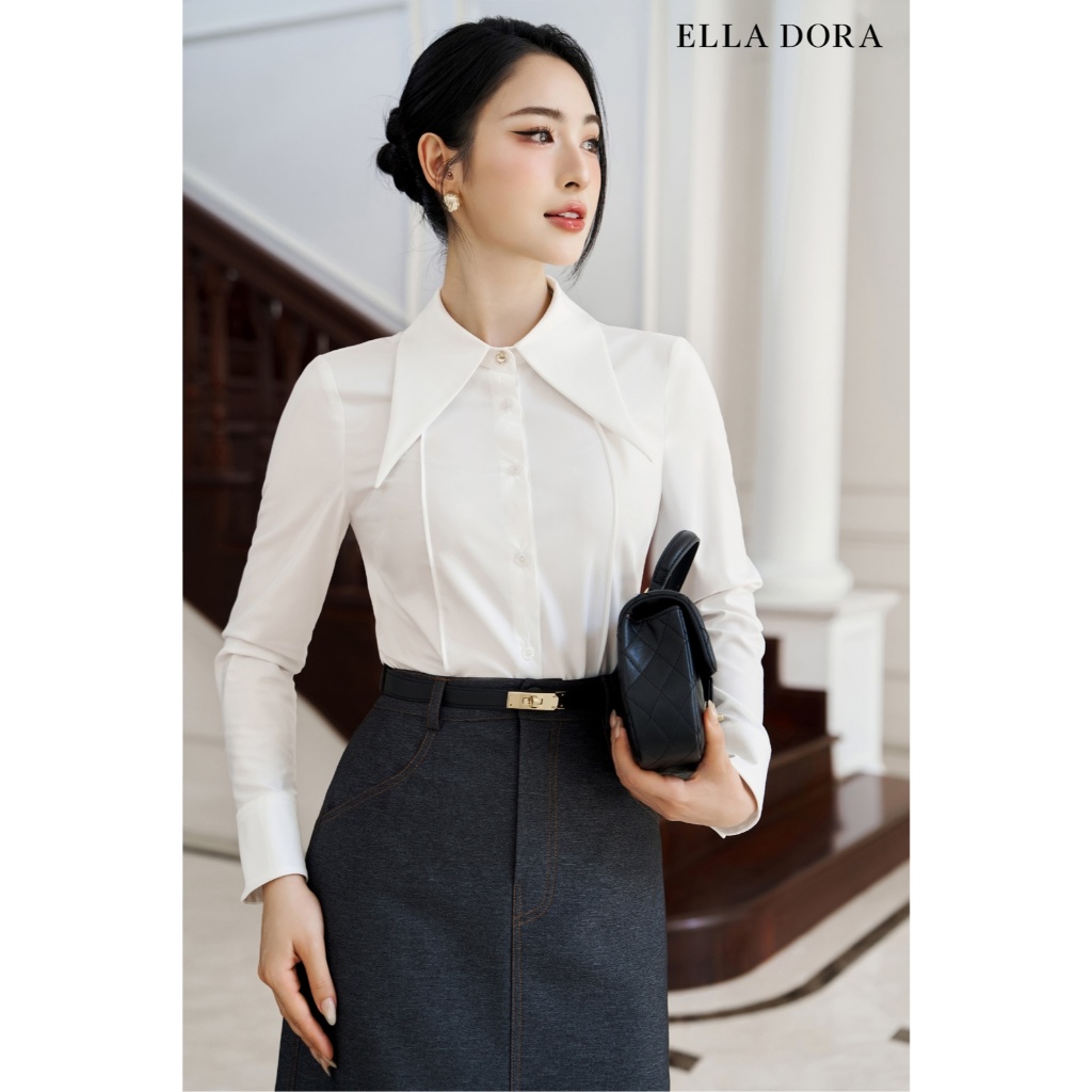 Sơ mi nữ ELLA DORA cổ nhọn form ôm nhẹ tôn dáng thanh lịch phong cách công sở màu TRẮNG [SM167]