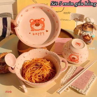 Set bát tô kèm đĩa 5 món hoạ tiết gấu siêu cute