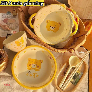 Set bát tô kèm đĩa 5 món hoạ tiết gấu siêu cute