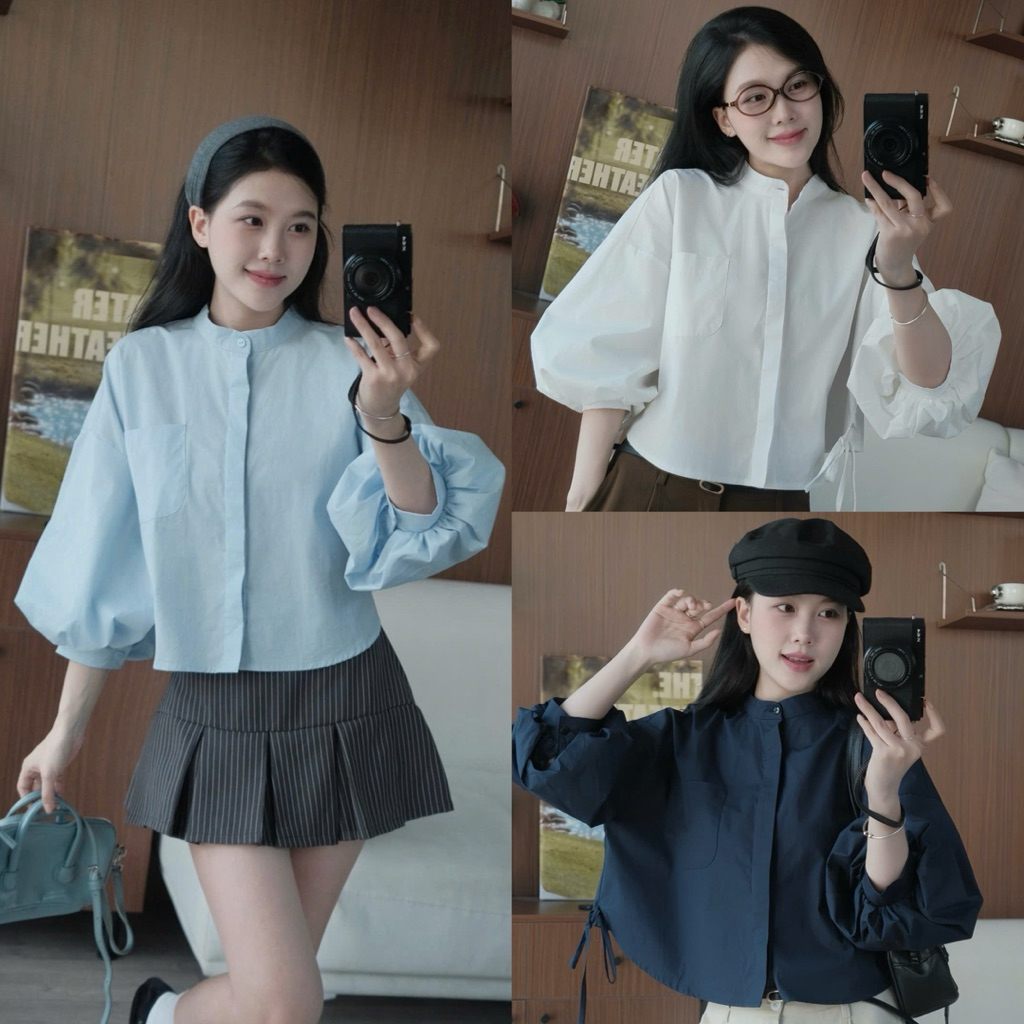 Áo sơ mi cổ trụ dáng crop tay bồng có dây buộc sau chiết eo Nữ the.sweaterweather TSW