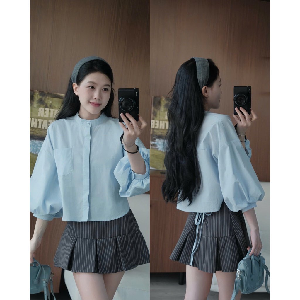 Áo sơ mi cổ trụ dáng crop tay bồng có dây buộc sau chiết eo Nữ the.sweaterweather TSW