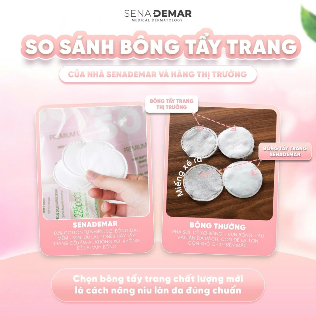 Bông tẩy trang tròn SenaDemar 225 pcs chất liệu 100% bông cotton - hạn 2028  IS385