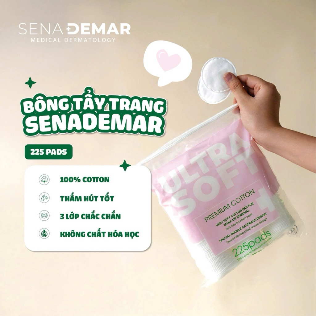 Bông tẩy trang tròn SenaDemar 225 pcs chất liệu 100% bông cotton - hạn 2028  IS248