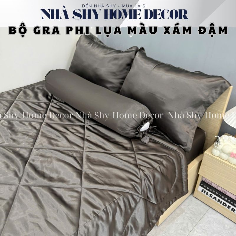 Trọn Bộ Drap Giường Phi Lụa Bóng Cao Cấp Màu Xám Đậm Đủ Size - Set 4 Món và 5 Món - Nhà Shy Home Decor