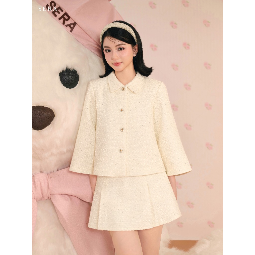 SERA - Set áo dáng xoè tay lỡ đính cúc gấu và chân váy xếp ly dạ tweed YERI