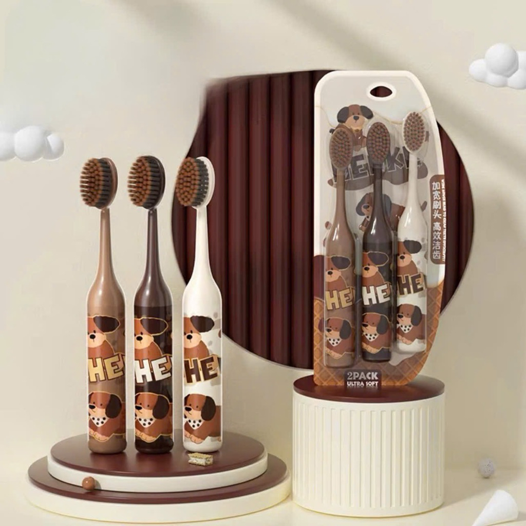 Set 3 bàn chải đáng răng trẻ em hình chó nâu lông mềm