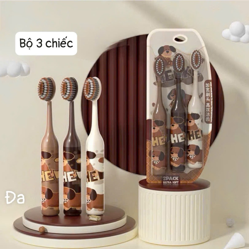 Set 3 bàn chải đáng răng trẻ em hình chó nâu lông mềm