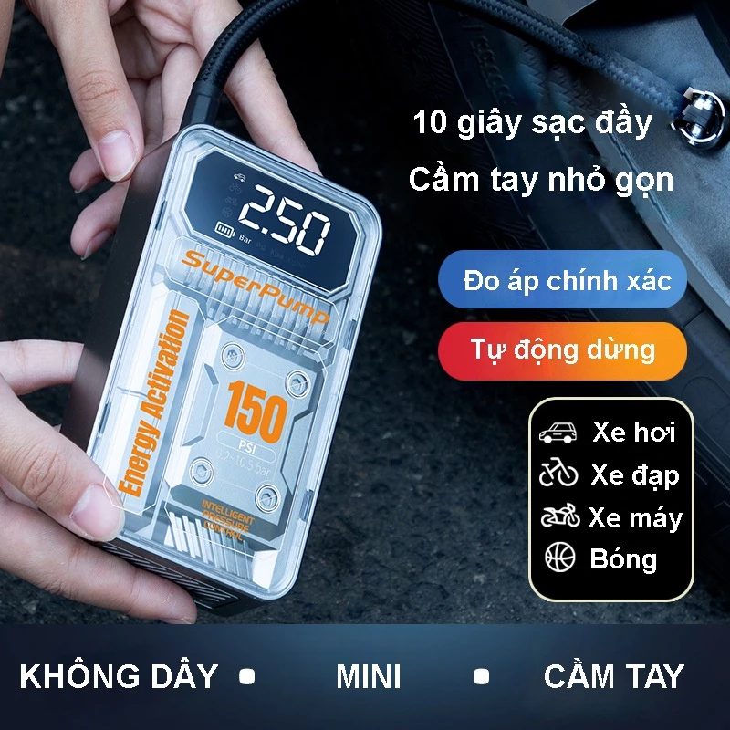 Bơm Lốp Xe Hơi Đa Năng Mini Suitu Công Suất 120W Áp Suất 150 Psi Cầm Tay Không Dây Nhỏ Gọn - Hình Ảnh Thực Tế