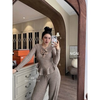 Set áo len cổ tròn đính nơ lớn tay dài ôm viền bèo phối quần ống suông xinh xắn tiểu thư cho nàng -  BaoTrang.clothes
