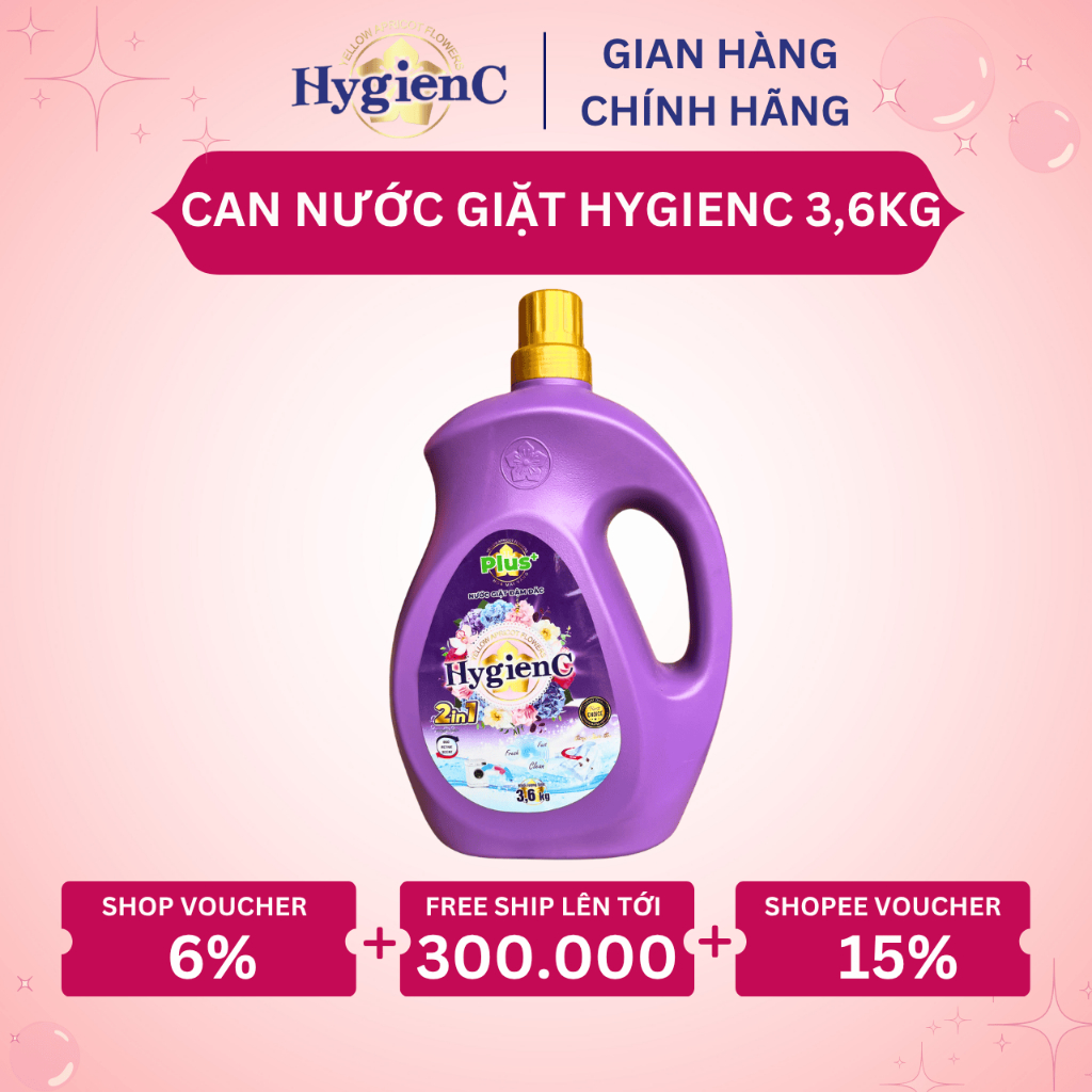 Nước Giặt Đậm Đặc HygienC Plus 3,6Kg/ Can Hương Nước Hoa - Sạch Vết Bẩn, Lưu Hương Bền Lâu