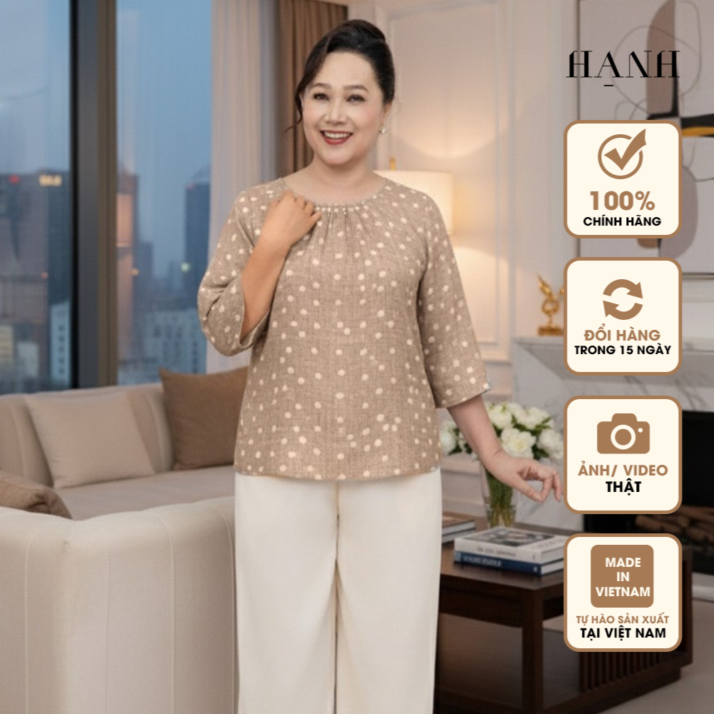Hạnh - Áo kiểu trung niên cổ tròn đính hạt châu chất liệu lụa in họa tiết 1432/5.359/5.360