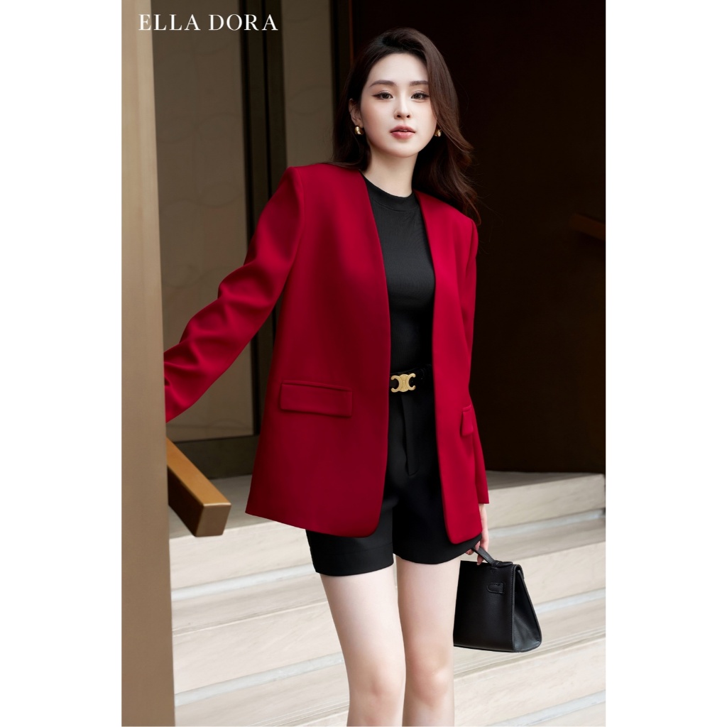Blazer ELLA DORA thiết kế cổ không ve form suông thanh lịch mặc đi làm dễ phối 3 màu ĐỎ/ĐEN/BE [V25]