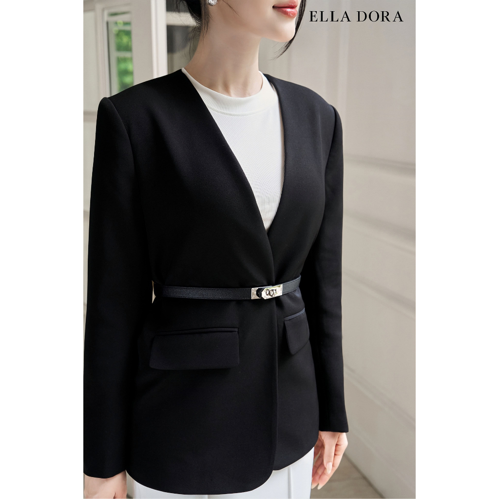 Blazer ELLA DORA thiết kế cổ không ve form suông thanh lịch mặc đi làm dễ phối 3 màu ĐỎ/ĐEN/BE [V25]