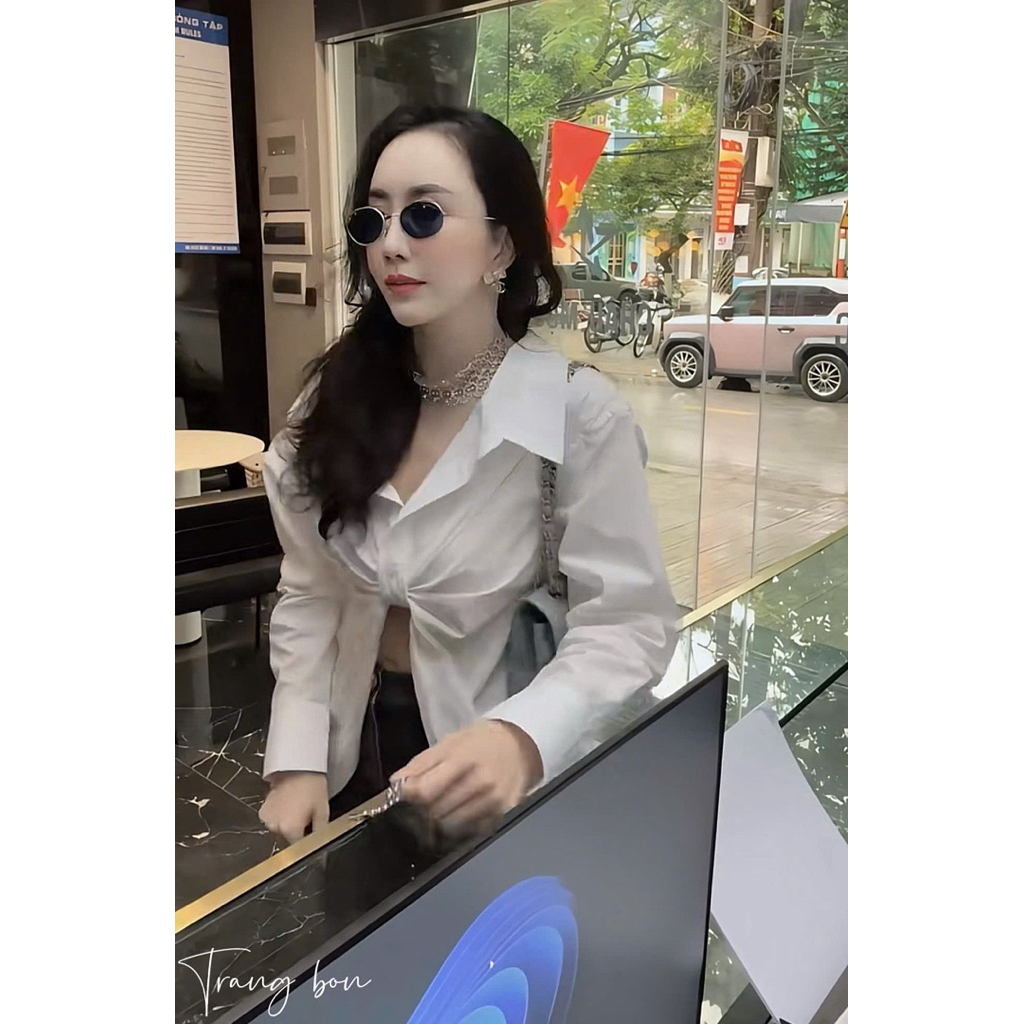 Áo sơmi xoắn ngực dáng bassic trẻ trung