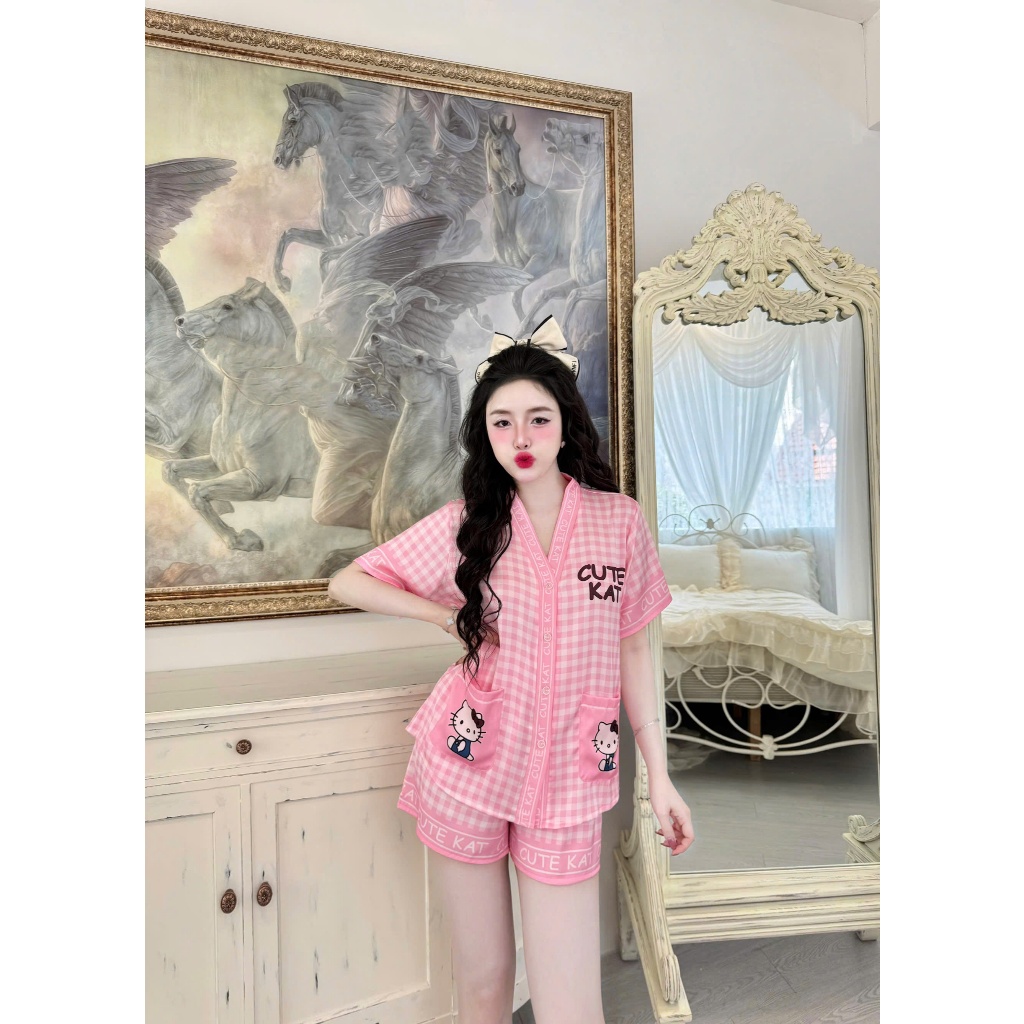 Đồ ngủ nữ Vy Linh chất liệu lụa latin cổ V thoáng mát thấm hút mồ hôi tốt, mềm mại S1103 caro