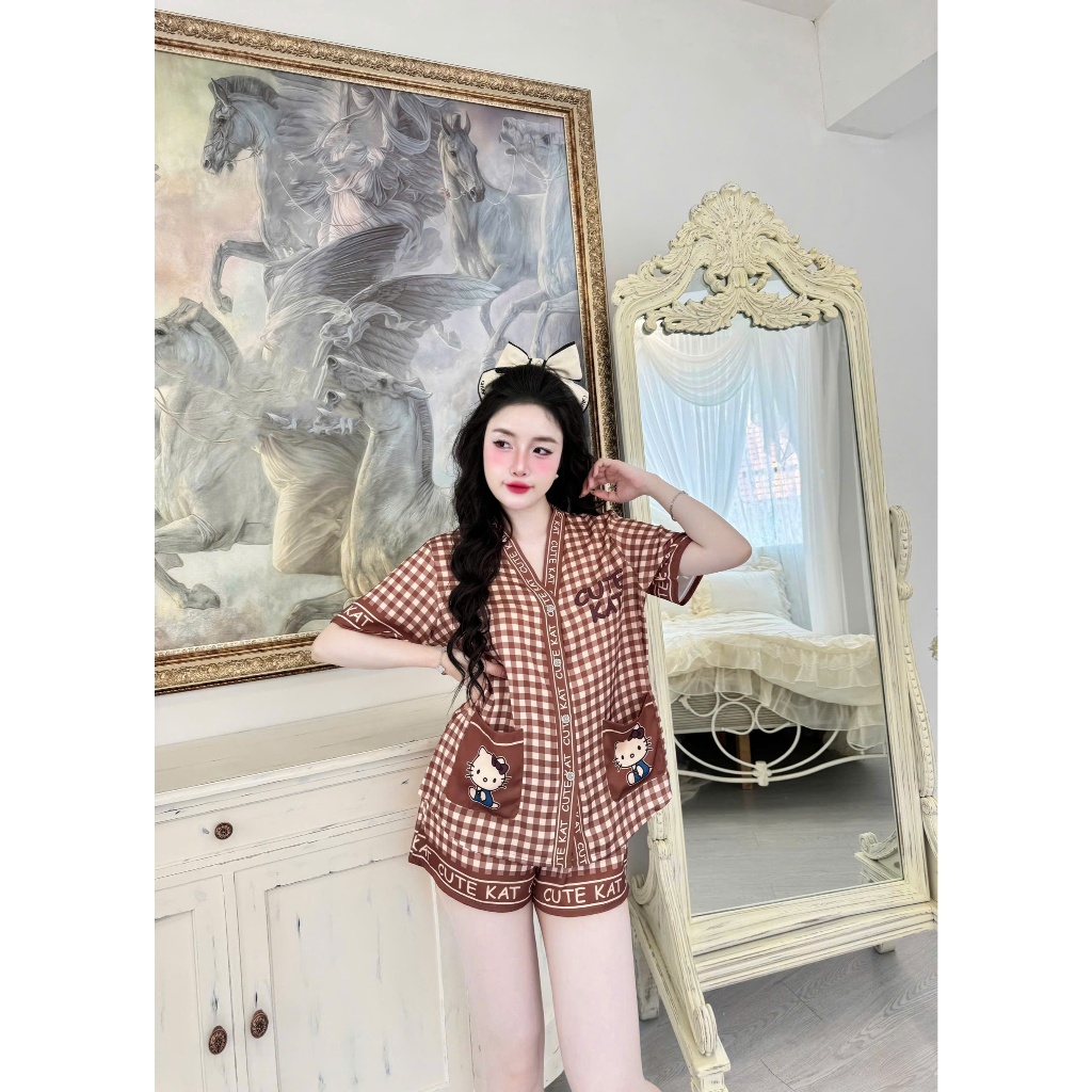 Đồ ngủ nữ Vy Linh chất liệu lụa latin cổ V thoáng mát thấm hút mồ hôi tốt, mềm mại S1103 caro